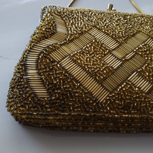 Gold Beaded Art Deco pattern Bag Evening Purse Clutch Vintage Antique Fashion - Picture 3 of 5